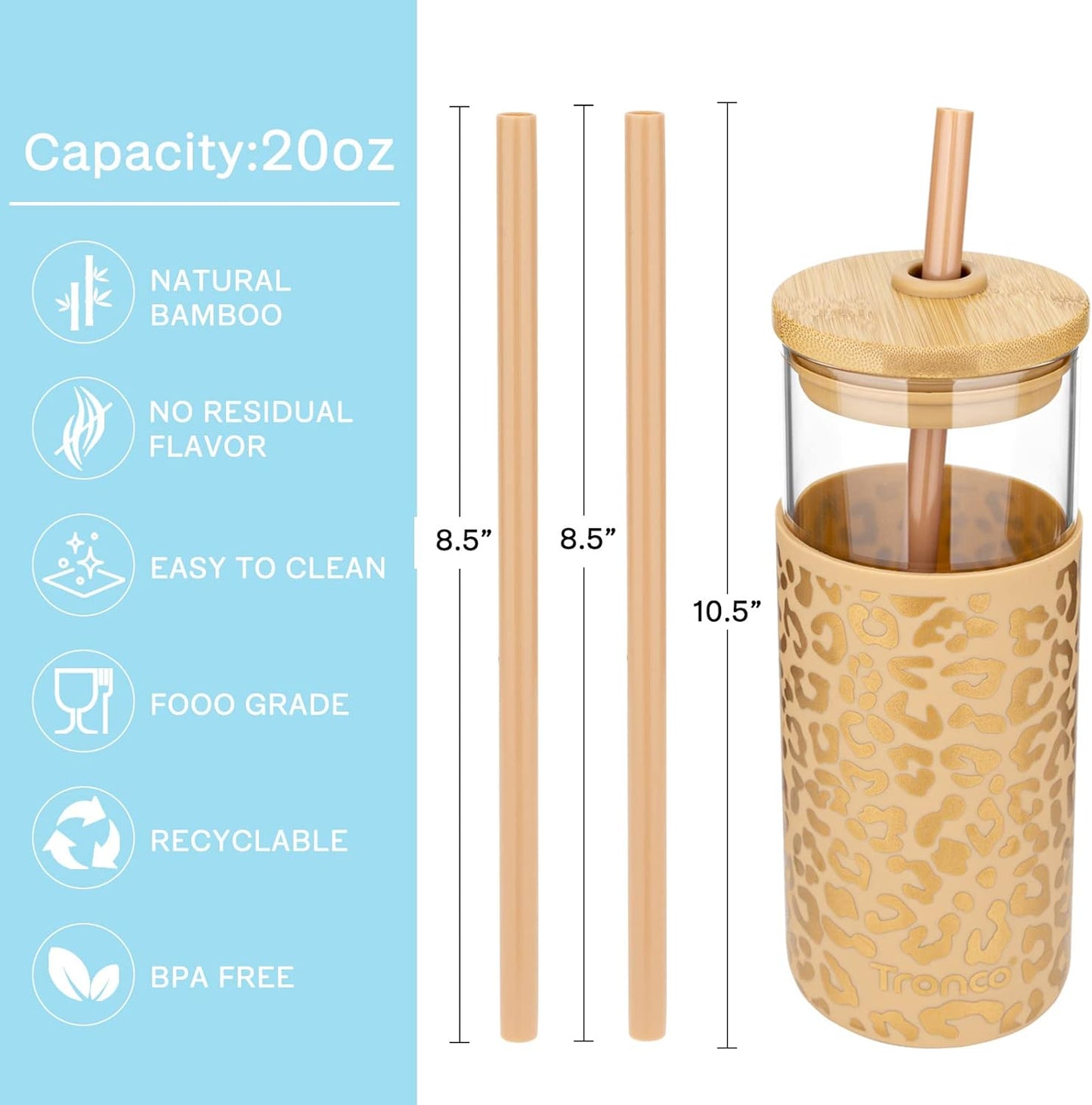 20 oz Glass Tumbler with Lids and Straws, Reusable Iced Coffee Cups | Borosilicate Glass Cups with Bamboo Lid, Silicone Sleeve, Dishwasher Safe, Cup Holder Friendly, BPA-Free, Iced Coffee Tumbler - Colors B