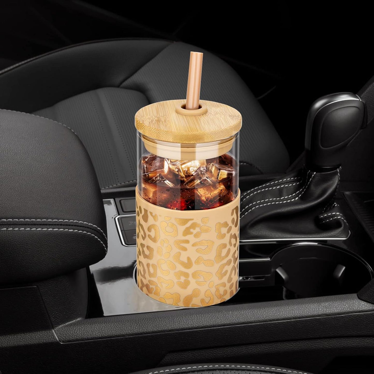 20 oz Glass Tumbler with Lids and Straws, Reusable Iced Coffee Cups | Borosilicate Glass Cups with Bamboo Lid, Silicone Sleeve, Dishwasher Safe, Cup Holder Friendly, BPA-Free, Iced Coffee Tumbler - Colors B