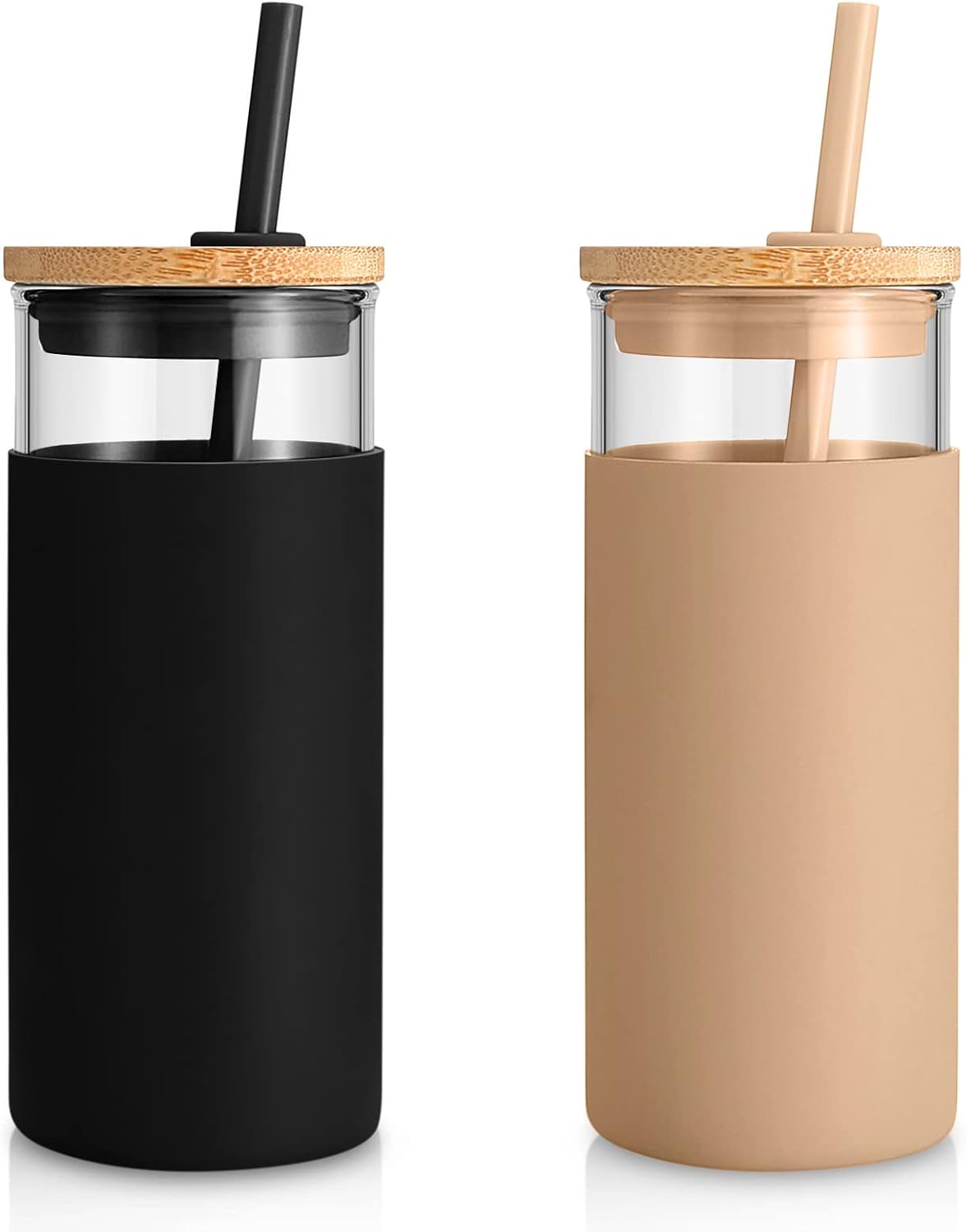 20 oz Glass Tumbler with Lids and Straws, Reusable Iced Coffee Cups | Borosilicate Glass Cups with Bamboo Lid, Silicone Sleeve, Dishwasher Safe, Cup Holder Friendly, BPA-Free, Iced Coffee Tumbler - Colors B