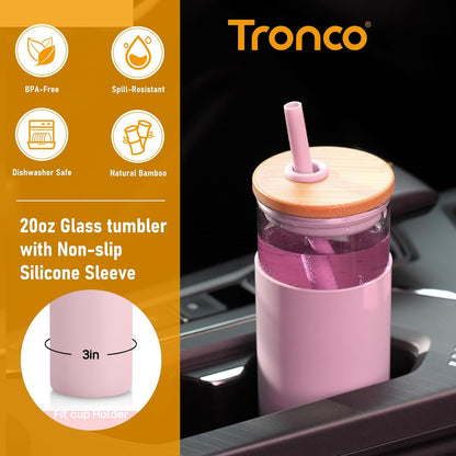20 oz Glass Tumbler with Lids and Straws, Reusable Iced Coffee Cups | Borosilicate Glass Cups with Bamboo Lid, Silicone Sleeve, Dishwasher Safe, Cup Holder Friendly, BPA-Free, Iced Coffee Tumbler - Colors B