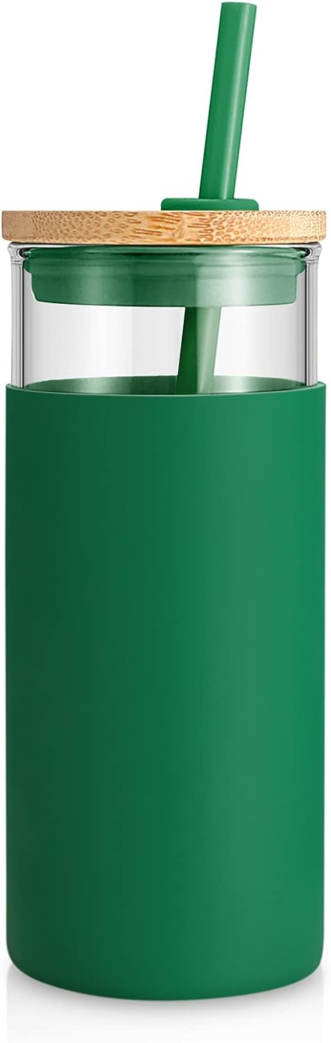 20 oz Glass Tumbler with Lids and Straws, Reusable Iced Coffee Cups | Borosilicate Glass Cups with Bamboo Lid, Silicone Sleeve, Dishwasher Safe, Cup Holder Friendly, BPA-Free, Iced Coffee Tumbler - Colors B
