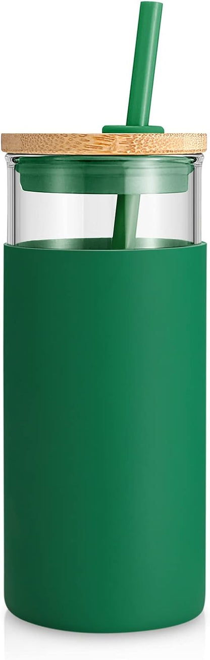 20 oz Glass Tumbler with Lids and Straws, Reusable Iced Coffee Cups | Borosilicate Glass Cups with Bamboo Lid, Silicone Sleeve, Dishwasher Safe, Cup Holder Friendly, BPA-Free, Iced Coffee Tumbler - Colors B