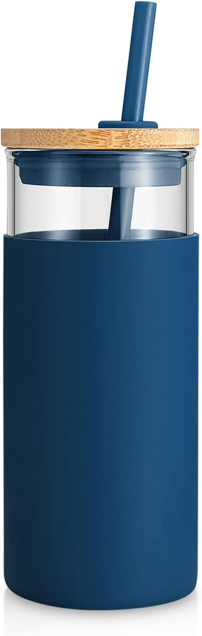 20 oz Glass Tumbler with Lids and Straws, Reusable Iced Coffee Cups | Borosilicate Glass Cups with Bamboo Lid, Silicone Sleeve, Dishwasher Safe, Cup Holder Friendly, BPA-Free, Iced Coffee Tumbler - Colors B