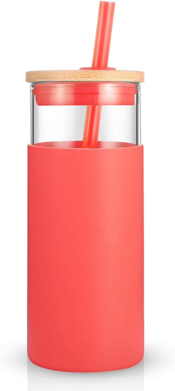 20 oz Glass Tumbler with Lids and Straws, Reusable Iced Coffee Cups | Borosilicate Glass Cups with Bamboo Lid, Silicone Sleeve, Dishwasher Safe, Cup Holder Friendly, BPA-Free, Iced Coffee Tumbler - Colors B
