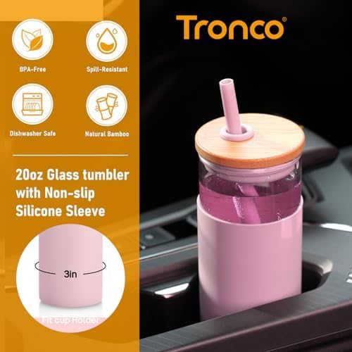 20 oz Glass Tumbler with Lids and Straws, Reusable Iced Coffee Cups | Borosilicate Glass Cups with Bamboo Lid, Silicone Sleeve, Dishwasher Safe, Cup Holder Friendly, BPA-Free, Iced Coffee Tumbler - Colors B