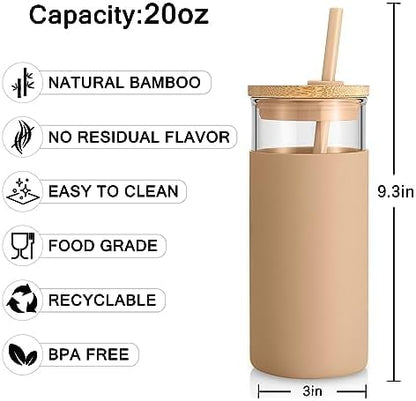 20 oz Glass Tumbler with Lids and Straws, Reusable Iced Coffee Cups | Borosilicate Glass Cups with Bamboo Lid, Silicone Sleeve, Dishwasher Safe, Cup Holder Friendly, BPA-Free, Iced Coffee Tumbler - Colors B