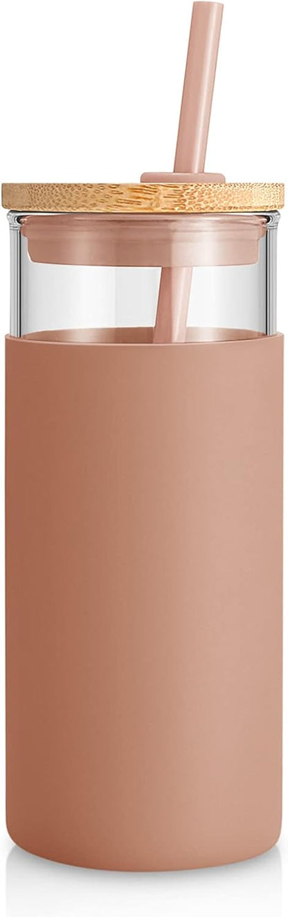 20 oz Glass Tumbler with Lids and Straws, Reusable Iced Coffee Cups | Borosilicate Glass Cups with Bamboo Lid, Silicone Sleeve, Dishwasher Safe, Cup Holder Friendly, BPA-Free, Iced Coffee Tumbler - Colors B