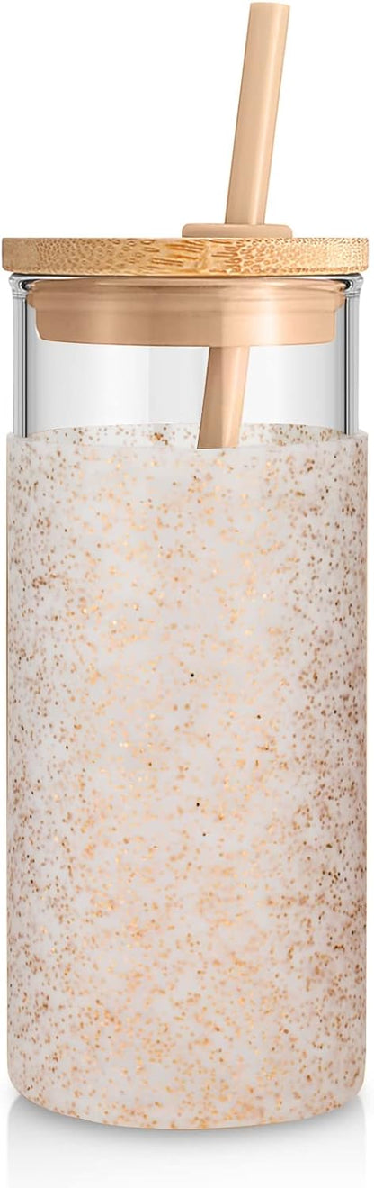 20 oz Glass Tumbler with Lids and Straws, Reusable Iced Coffee Cups | Borosilicate Glass Cups with Bamboo Lid, Silicone Sleeve, Dishwasher Safe, Cup Holder Friendly, BPA-Free, Iced Coffee Tumbler - Colors B