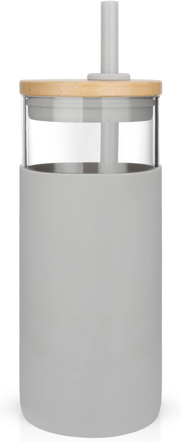 20 oz Glass Tumbler with Lids and Straws, Reusable Iced Coffee Cups | Borosilicate Glass Cups with Bamboo Lid, Silicone Sleeve, Dishwasher Safe, Cup Holder Friendly, BPA-Free, Iced Coffee Tumbler - Colors B