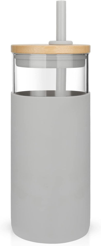 20 oz Glass Tumbler with Lids and Straws, Reusable Iced Coffee Cups | Borosilicate Glass Cups with Bamboo Lid, Silicone Sleeve, Dishwasher Safe, Cup Holder Friendly, BPA-Free, Iced Coffee Tumbler - Colors B