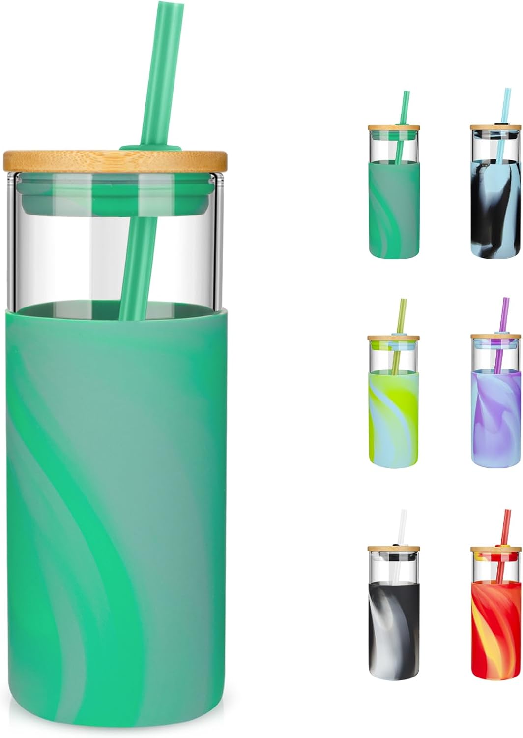 20 oz Glass Tumbler with Lids and Straws, Reusable Iced Coffee Cups | Borosilicate Glass Cups with Bamboo Lid, Silicone Sleeve, Dishwasher Safe, Cup Holder Friendly, BPA-Free, Iced Coffee Tumbler - Colors B
