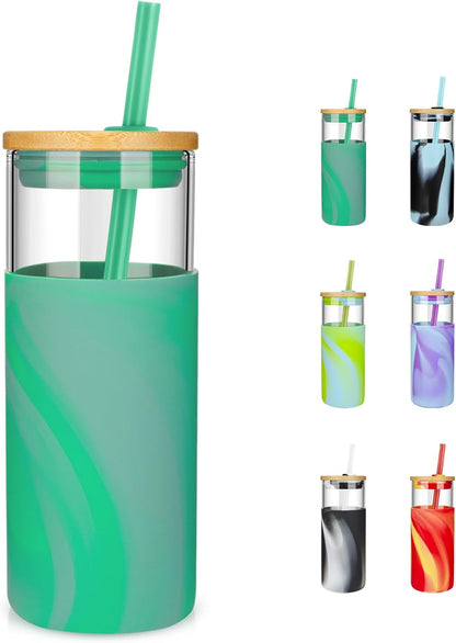 20 oz Glass Tumbler with Lids and Straws, Reusable Iced Coffee Cups | Borosilicate Glass Cups with Bamboo Lid, Silicone Sleeve, Dishwasher Safe, Cup Holder Friendly, BPA-Free, Iced Coffee Tumbler - Colors B