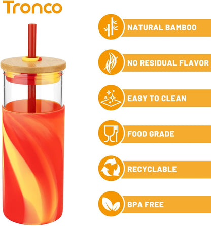 20 oz Glass Tumbler with Lids and Straws, Reusable Iced Coffee Cups | Borosilicate Glass Cups with Bamboo Lid, Silicone Sleeve, Dishwasher Safe, Cup Holder Friendly, BPA-Free, Iced Coffee Tumbler - Colors B
