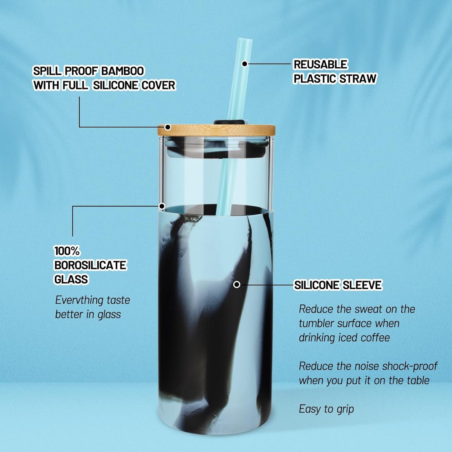20 oz Glass Tumbler with Lids and Straws, Reusable Iced Coffee Cups | Borosilicate Glass Cups with Bamboo Lid, Silicone Sleeve, Dishwasher Safe, Cup Holder Friendly, BPA-Free, Iced Coffee Tumbler - Colors B