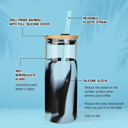20 oz Glass Tumbler with Lids and Straws, Reusable Iced Coffee Cups | Borosilicate Glass Cups with Bamboo Lid, Silicone Sleeve, Dishwasher Safe, Cup Holder Friendly, BPA-Free, Iced Coffee Tumbler - Colors B