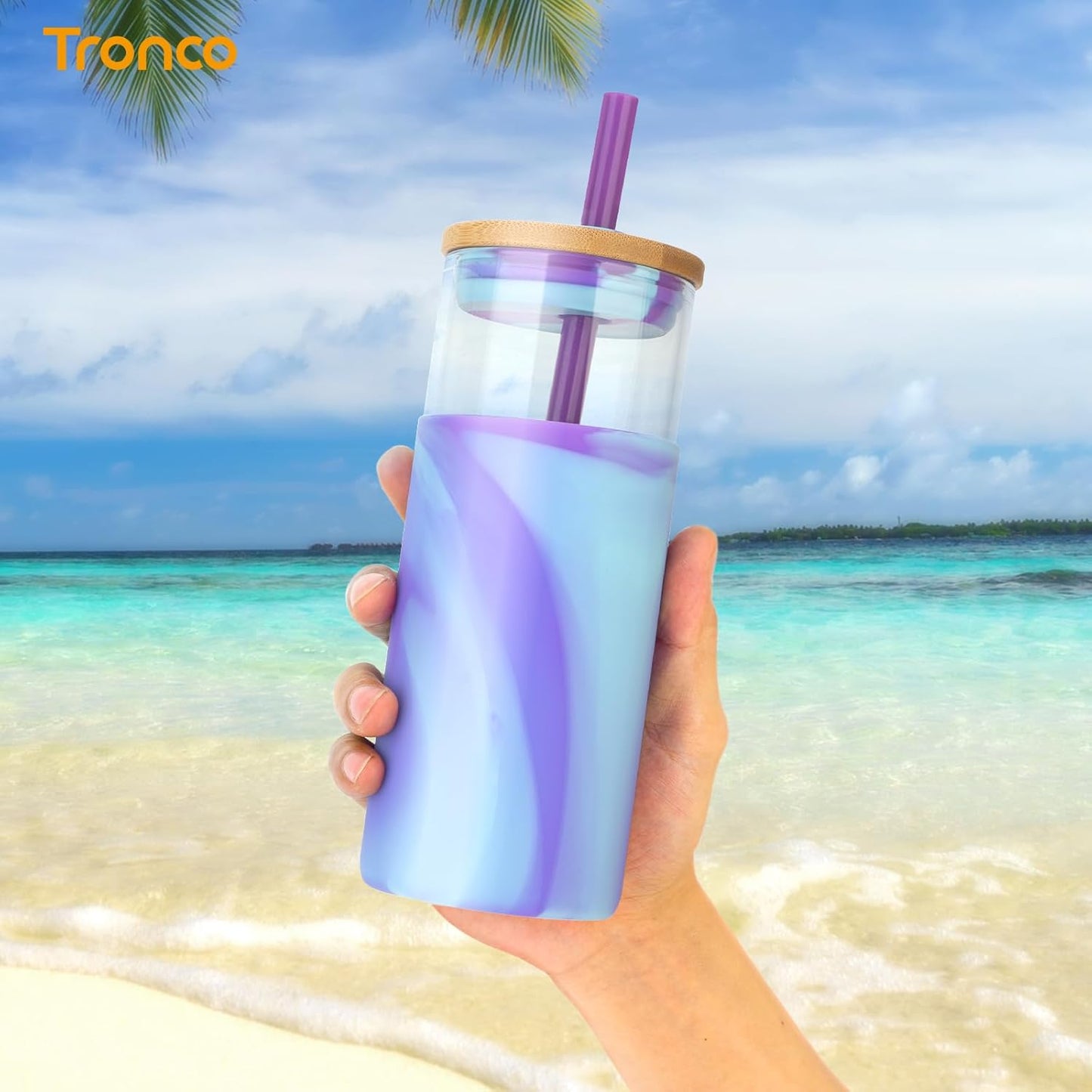 20 oz Glass Tumbler with Lids and Straws, Reusable Iced Coffee Cups | Borosilicate Glass Cups with Bamboo Lid, Silicone Sleeve, Dishwasher Safe, Cup Holder Friendly, BPA-Free, Iced Coffee Tumbler - Colors B