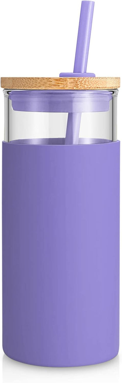 20 oz Glass Tumbler with Lids and Straws, Reusable Iced Coffee Cups | Borosilicate Glass Cups with Bamboo Lid, Silicone Sleeve, Dishwasher Safe, Cup Holder Friendly, BPA-Free, Iced Coffee Tumbler - Colors B