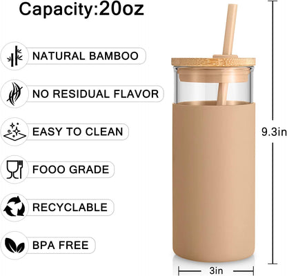 20 oz Glass Tumbler with Lids and Straws, Reusable Iced Coffee Cups | Borosilicate Glass Cups with Bamboo Lid, Silicone Sleeve, Dishwasher Safe, Cup Holder Friendly, BPA-Free, Iced Coffee Tumbler - Colors B