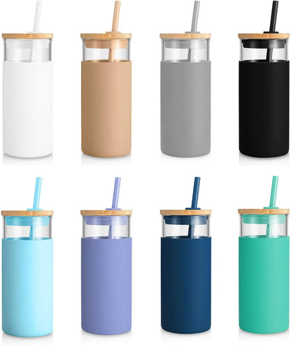 20 oz Glass Tumbler with Lids and Straws, Reusable Iced Coffee Cups | Borosilicate Glass Cups with Bamboo Lid, Silicone Sleeve, Dishwasher Safe, Cup Holder Friendly, BPA-Free, Iced Coffee Tumbler - Colors B