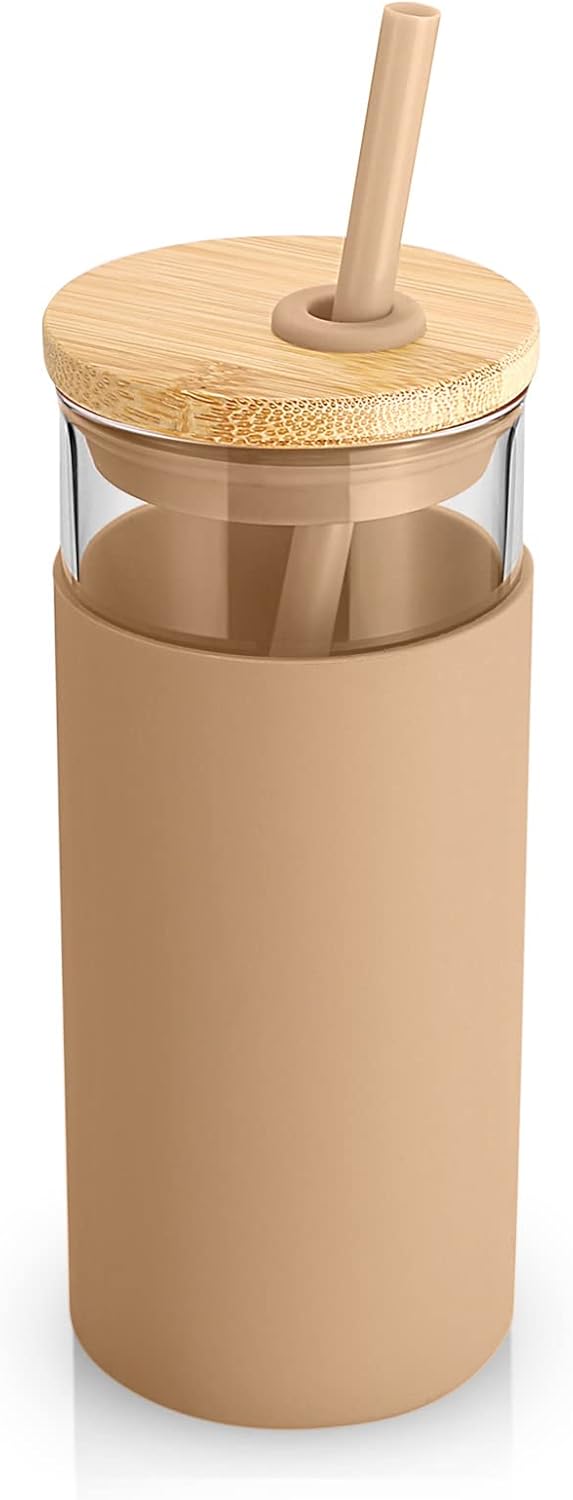 20 oz Glass Tumbler with Lids and Straws, Reusable Iced Coffee Cups | Borosilicate Glass Cups with Bamboo Lid, Silicone Sleeve, Dishwasher Safe, Cup Holder Friendly, BPA-Free, Iced Coffee Tumbler - Colors B
