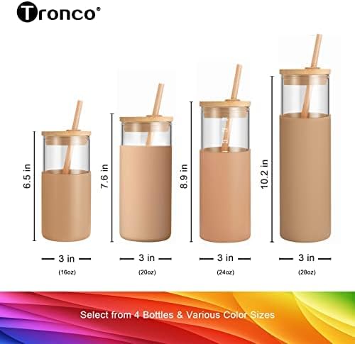 20 oz Glass Tumbler with Lids and Straws, Reusable Iced Coffee Cups | Borosilicate Glass Cups with Bamboo Lid, Silicone Sleeve, Dishwasher Safe, Cup Holder Friendly, BPA-Free, Iced Coffee Tumbler - Colors B