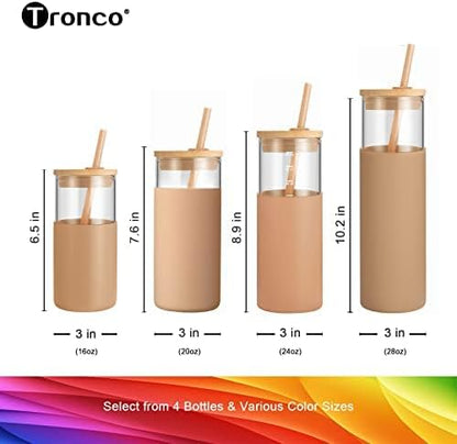 20 oz Glass Tumbler with Lids and Straws, Reusable Iced Coffee Cups | Borosilicate Glass Cups with Bamboo Lid, Silicone Sleeve, Dishwasher Safe, Cup Holder Friendly, BPA-Free, Iced Coffee Tumbler - Colors B