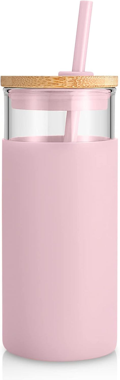 20 oz Glass Tumbler with Lids and Straws, Reusable Iced Coffee Cups | Borosilicate Glass Cups with Bamboo Lid, Silicone Sleeve, Dishwasher Safe, Cup Holder Friendly, BPA-Free, Iced Coffee Tumbler - Colors B