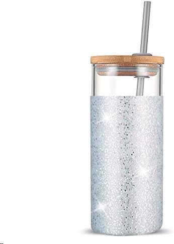 20 oz Glass Tumbler with Lids and Straws, Reusable Iced Coffee Cups | Borosilicate Glass Cups with Bamboo Lid, Silicone Sleeve, Dishwasher Safe, Cup Holder Friendly, BPA-Free, Iced Coffee Tumbler - Colors B