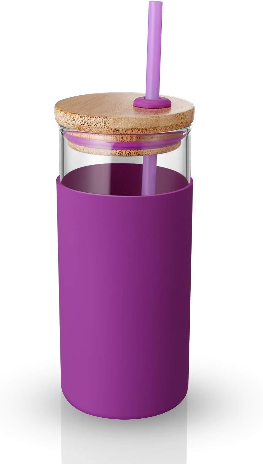 20 oz Glass Tumbler with Lids and Straws, Reusable Iced Coffee Cups | Borosilicate Glass Cups with Bamboo Lid, Silicone Sleeve, Dishwasher Safe, Cup Holder Friendly, BPA-Free, Iced Coffee Tumbler - Colors B
