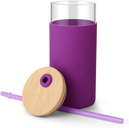 20 oz Glass Tumbler with Lids and Straws, Reusable Iced Coffee Cups | Borosilicate Glass Cups with Bamboo Lid, Silicone Sleeve, Dishwasher Safe, Cup Holder Friendly, BPA-Free, Iced Coffee Tumbler - Colors B