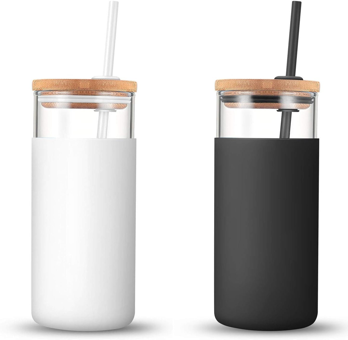 20 oz Glass Tumbler with Lids and Straws, Reusable Iced Coffee Cups | Borosilicate Glass Cups with Bamboo Lid, Silicone Sleeve, Dishwasher Safe, Cup Holder Friendly, BPA-Free, Iced Coffee Tumbler - Colors B