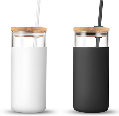 20 oz Glass Tumbler with Lids and Straws, Reusable Iced Coffee Cups | Borosilicate Glass Cups with Bamboo Lid, Silicone Sleeve, Dishwasher Safe, Cup Holder Friendly, BPA-Free, Iced Coffee Tumbler - Colors B