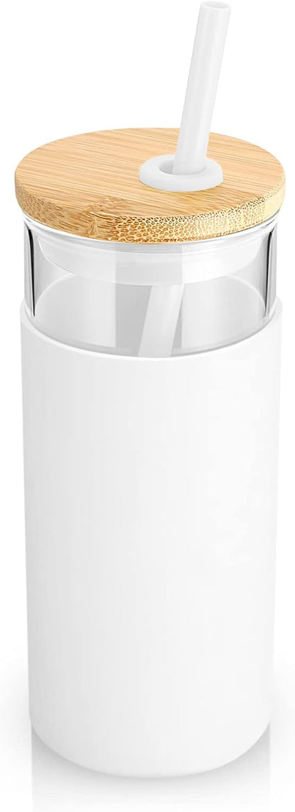 20 oz Glass Tumbler with Lids and Straws, Reusable Iced Coffee Cups | Borosilicate Glass Cups with Bamboo Lid, Silicone Sleeve, Dishwasher Safe, Cup Holder Friendly, BPA-Free, Iced Coffee Tumbler - Colors B