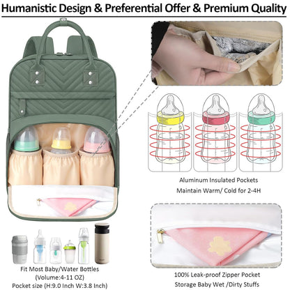 Diaper Bag Backpack for Women with Insulated Pockets Green