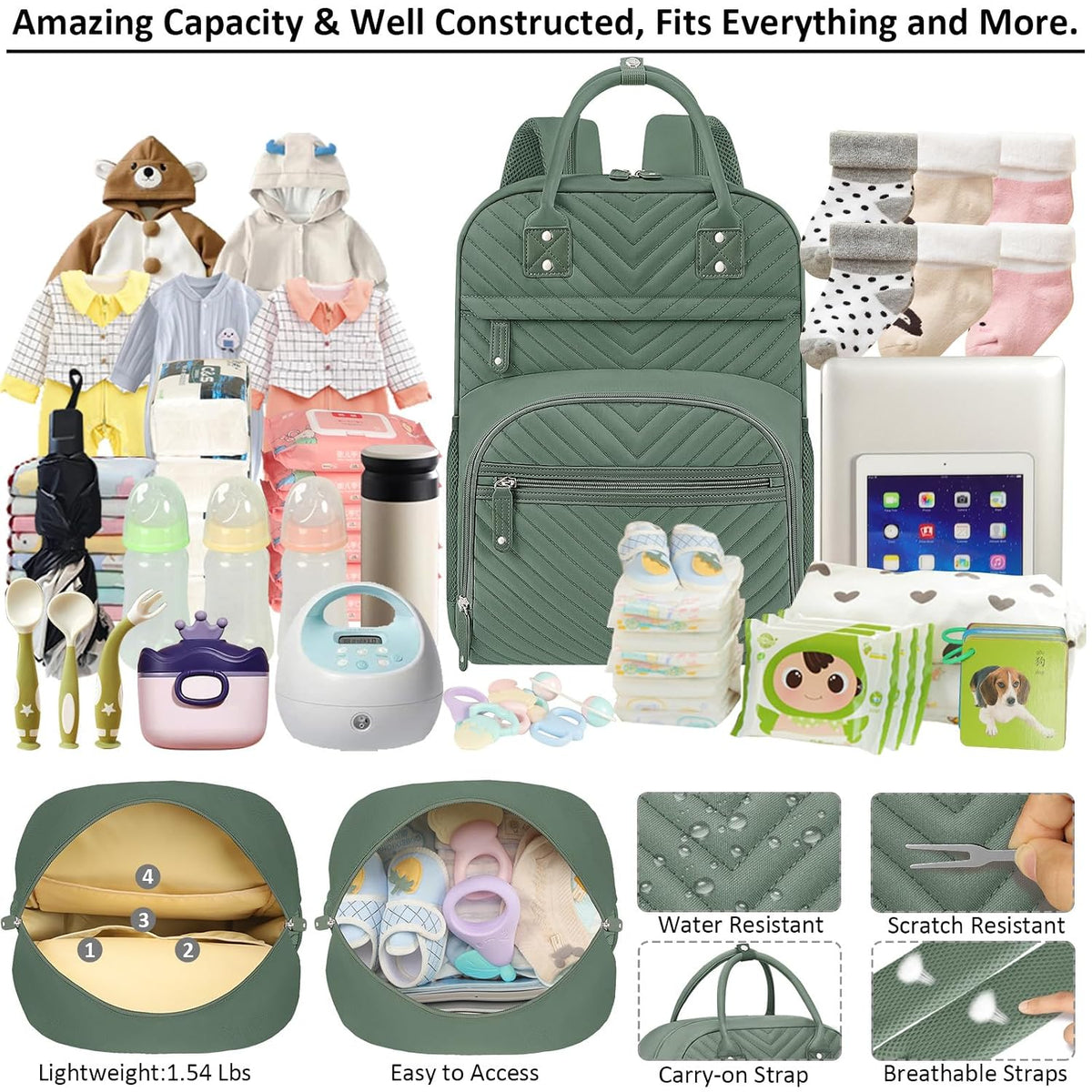 Diaper Bag Backpack for Women with Insulated Pockets Green