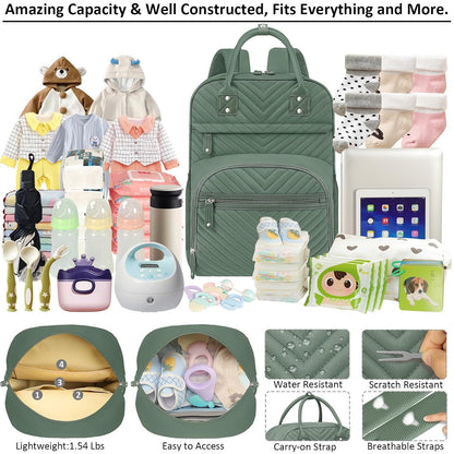 Diaper Bag Backpack for Women with Insulated Pockets Green