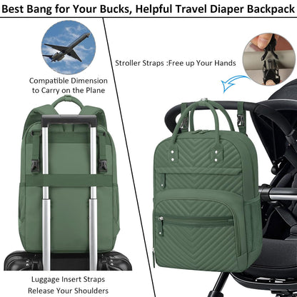 Diaper Bag Backpack for Women with Insulated Pockets Green