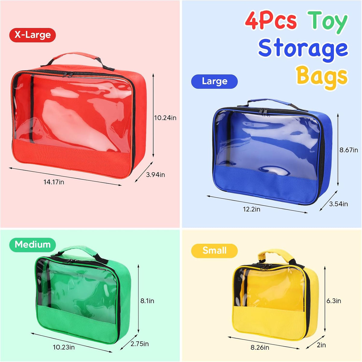 6 Pack Toy Storage Bags with Zipper, Reusable Organizing Bags with Portable Handle, Travel Case for Building Blocks, Bricks, Puzzles, Books, Board Game Storage