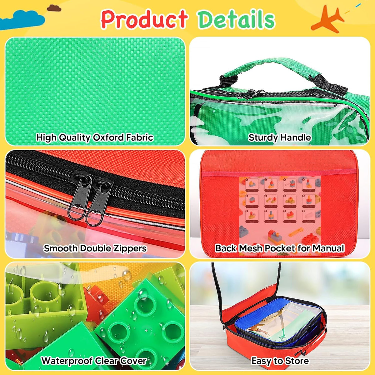 6 Pack Toy Storage Bags with Zipper, Reusable Organizing Bags with Portable Handle, Travel Case for Building Blocks, Bricks, Puzzles, Books, Board Game Storage