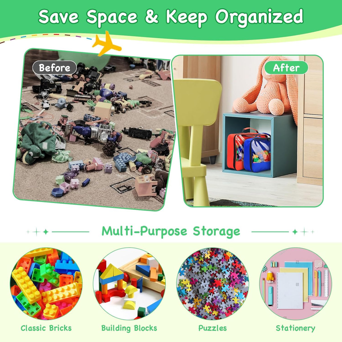 6 Pack Toy Storage Bags with Zipper, Reusable Organizing Bags with Portable Handle, Travel Case for Building Blocks, Bricks, Puzzles, Books, Board Game Storage