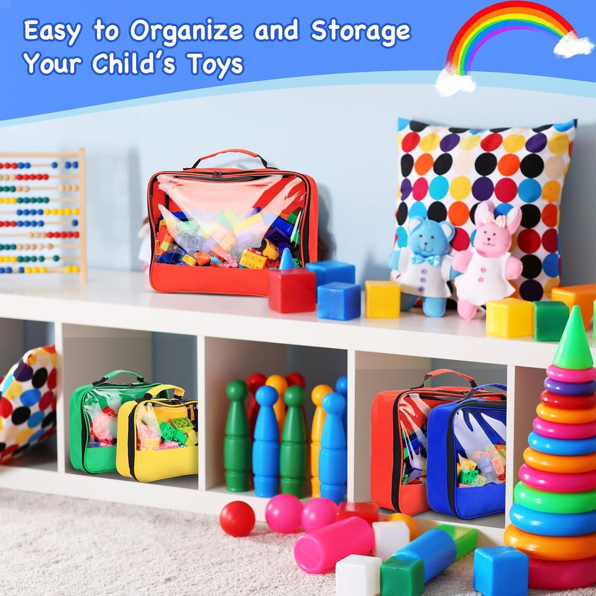6 Pack Toy Storage Bags with Zipper, Reusable Organizing Bags with Portable Handle, Travel Case for Building Blocks, Bricks, Puzzles, Books, Board Game Storage