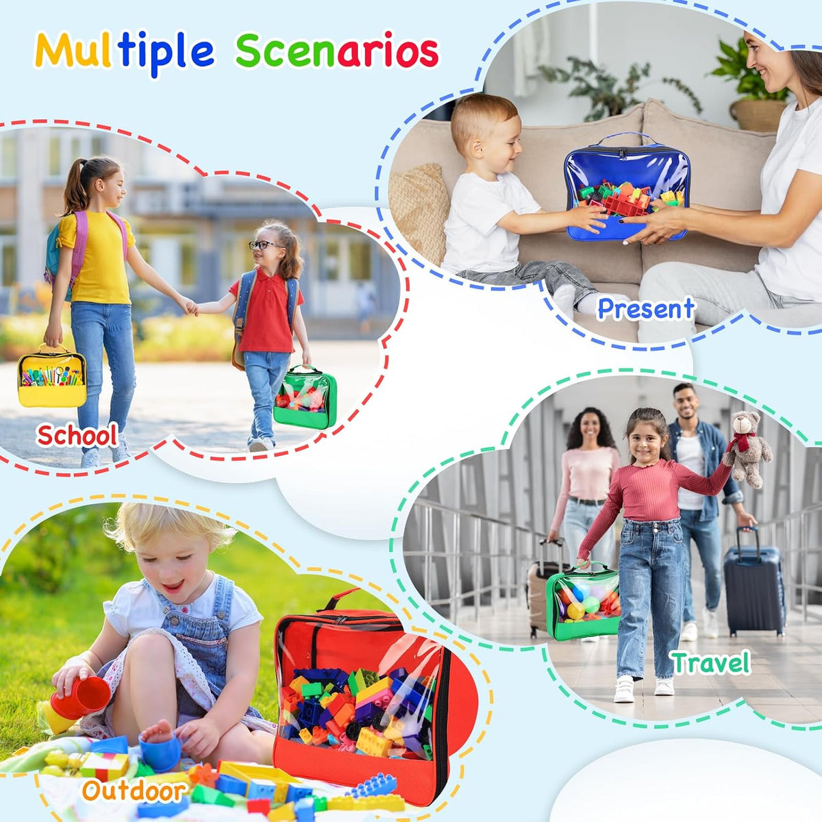 6 Pack Toy Storage Bags with Zipper, Reusable Organizing Bags with Portable Handle, Travel Case for Building Blocks, Bricks, Puzzles, Books, Board Game Storage
