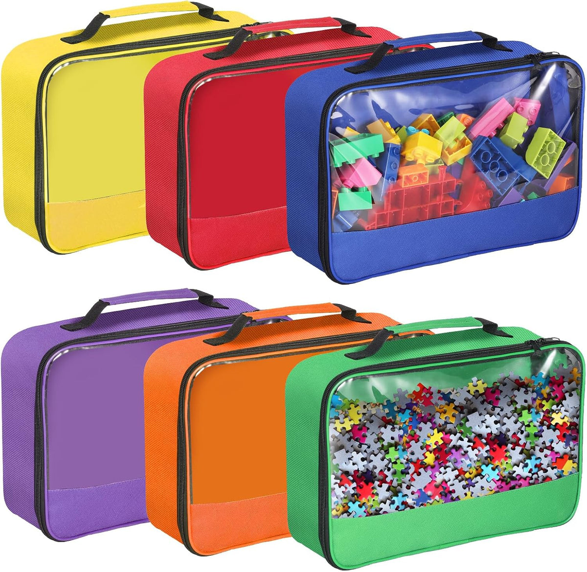 6 Pack Toy Storage Bags with Zipper, Reusable Organizing Bags with Portable Handle, Travel Case for Building Blocks, Bricks, Puzzles, Books, Board Game Storage