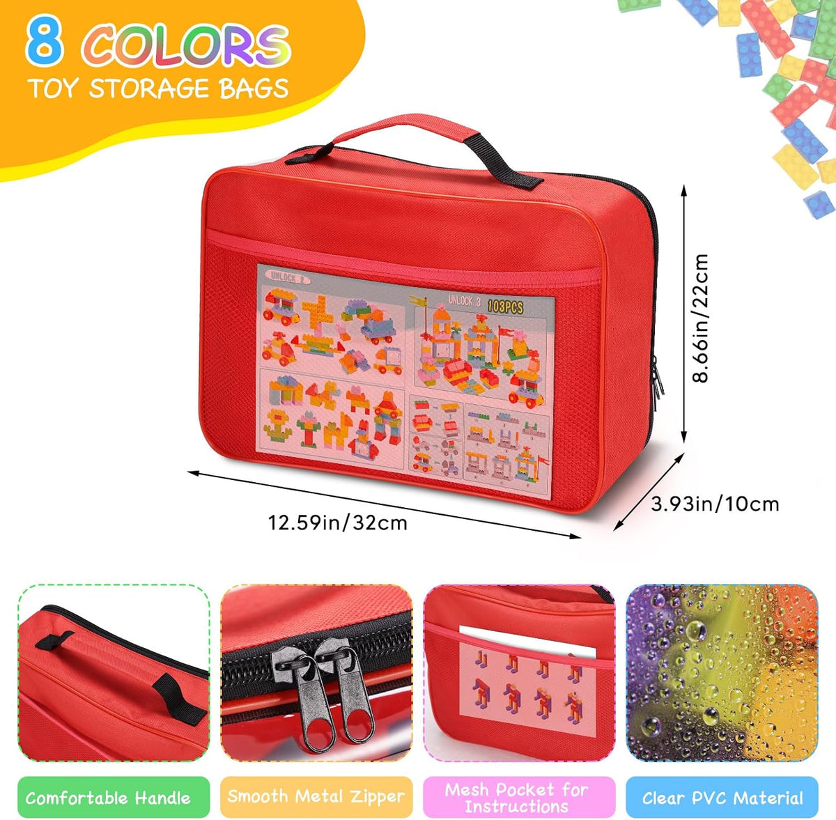 6 Pack Toy Storage Bags with Zipper, Reusable Organizing Bags with Portable Handle, Travel Case for Building Blocks, Bricks, Puzzles, Books, Board Game Storage