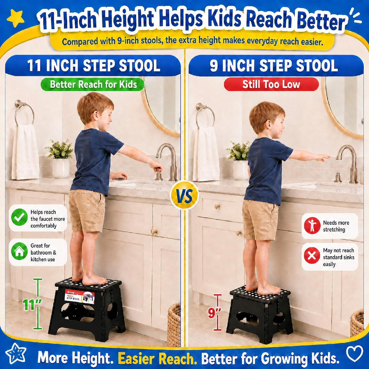 11 Inch Folding Step Stool for Kids, Non-Slip Foldable Stools, Black