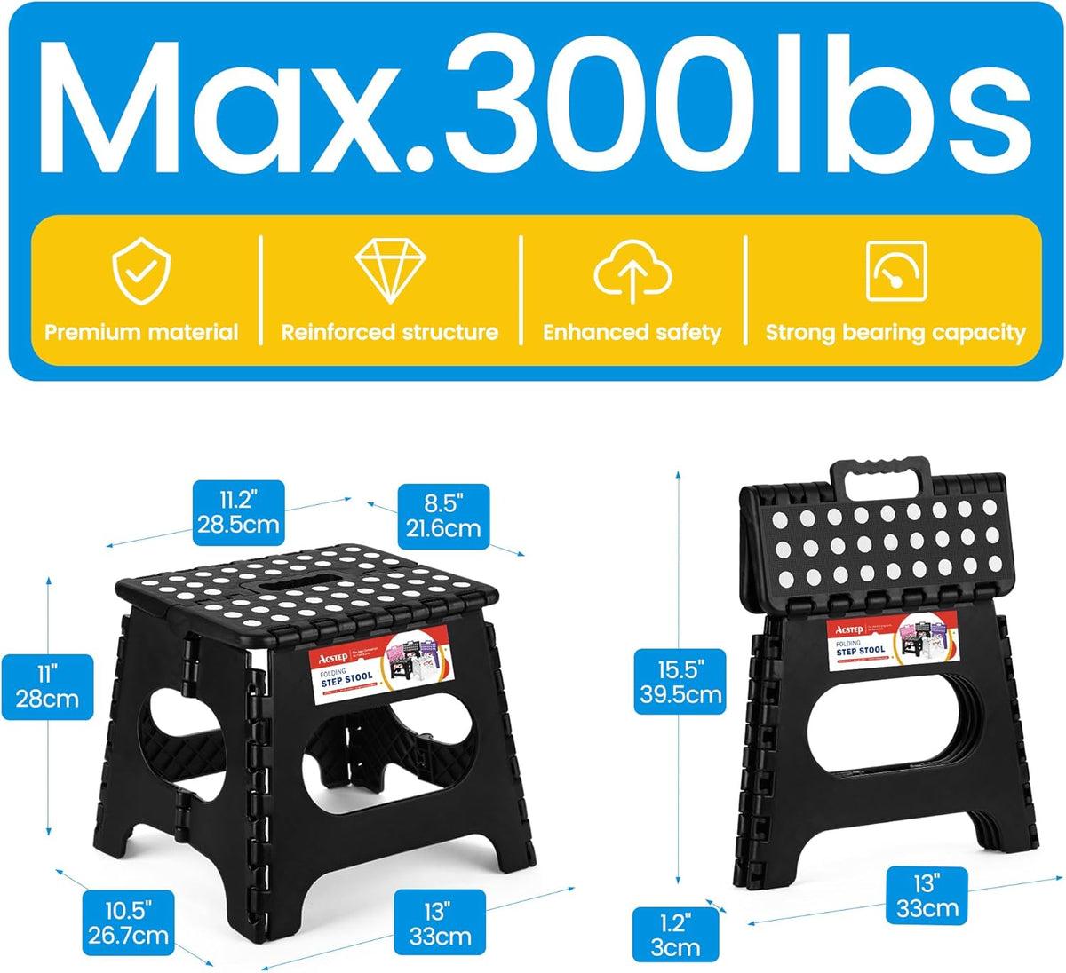 11 Inch Folding Step Stool for Kids, Non-Slip Foldable Stools, Black