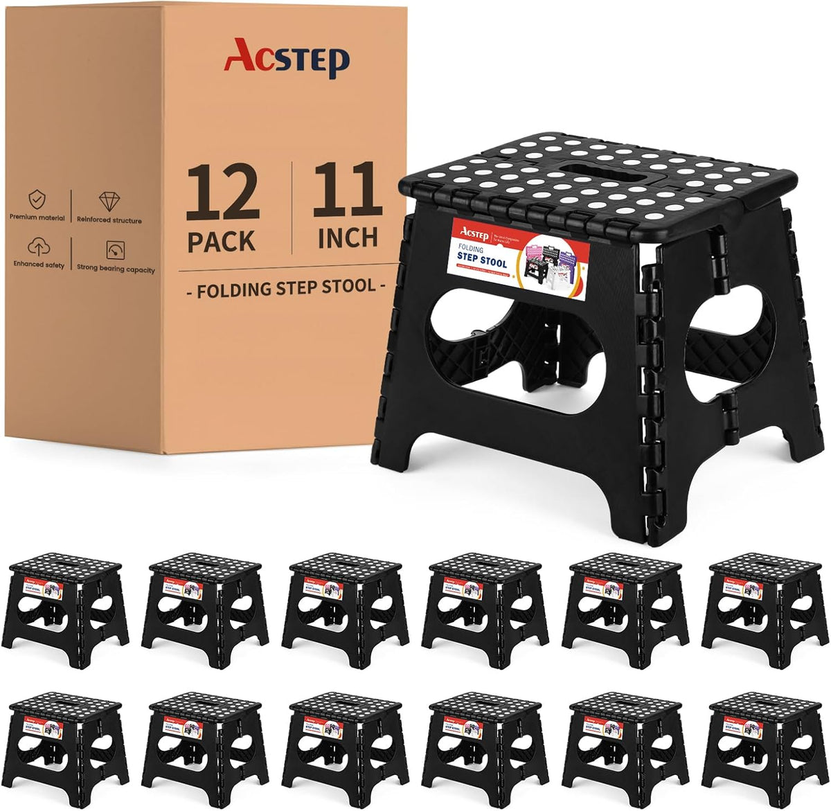 11 Inch Folding Step Stool for Kids, Non-Slip Foldable Stools, Black