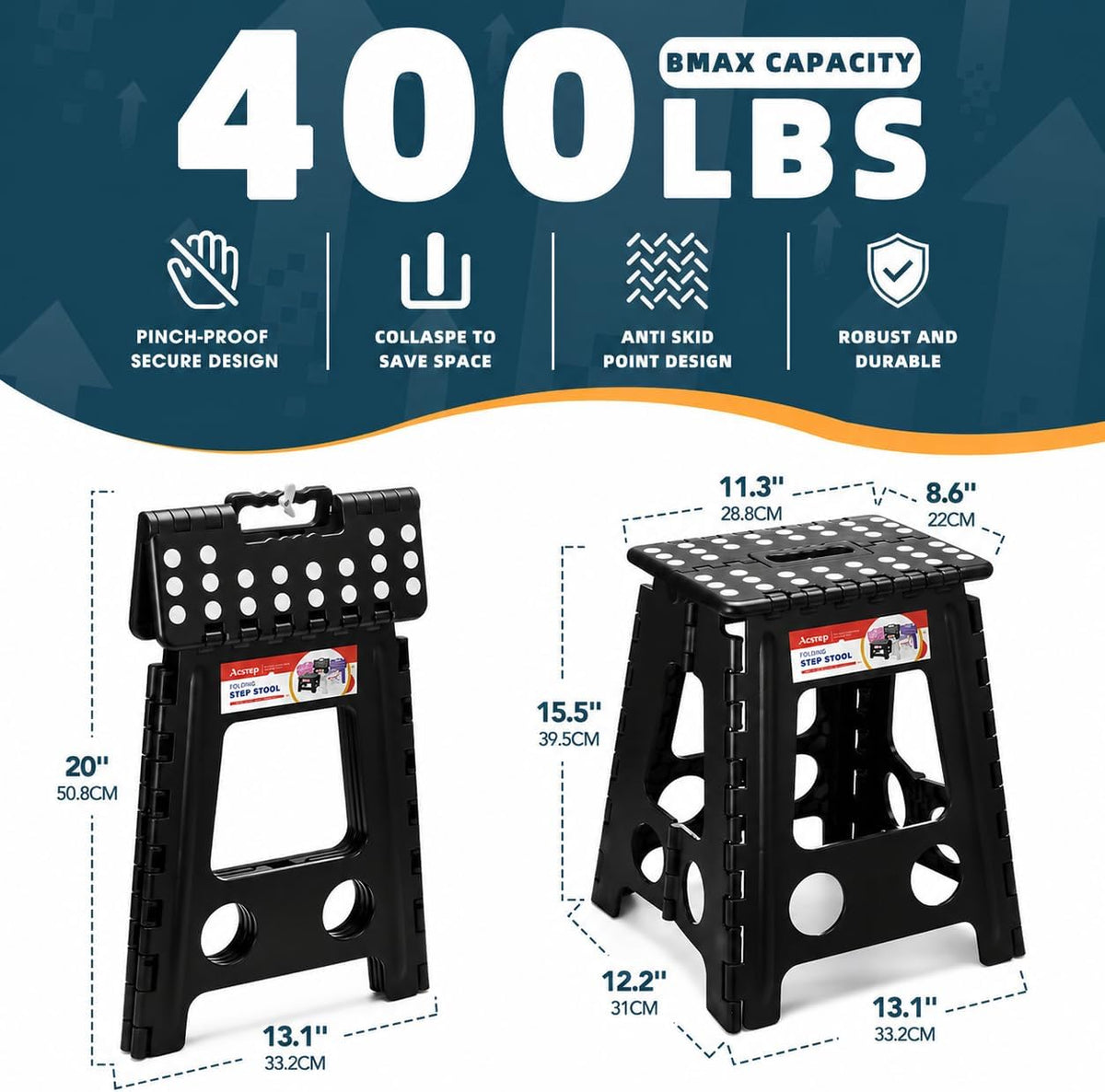 11 Inch Folding Step Stool for Kids, Non-Slip Foldable Stools, Black