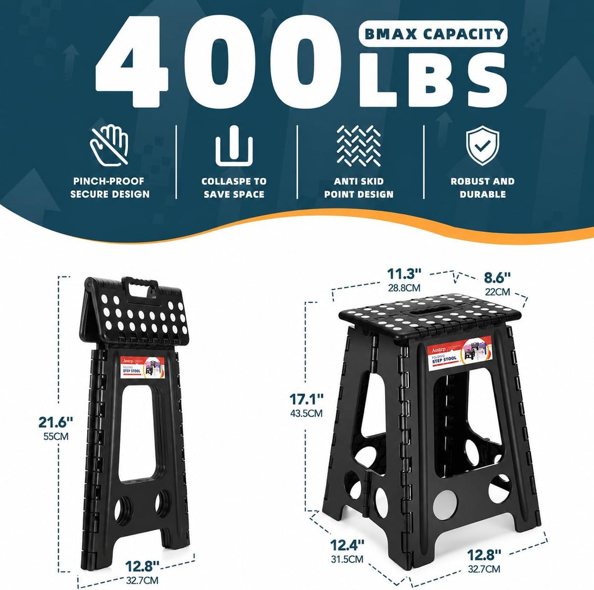 11 Inch Folding Step Stool for Kids, Non-Slip Foldable Stools, Black