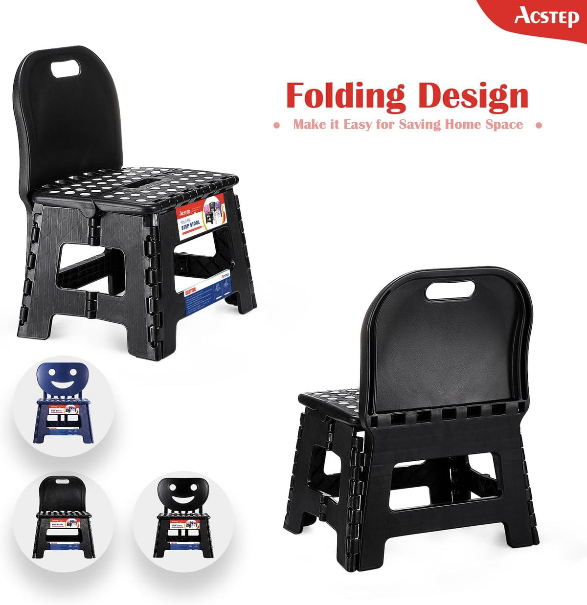 11 Inch Folding Step Stool for Kids, Non-Slip Foldable Stools, Black